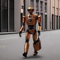 geel boodschapper robot met zak wandelen in de straat voor reclame klant.generatief ai. foto