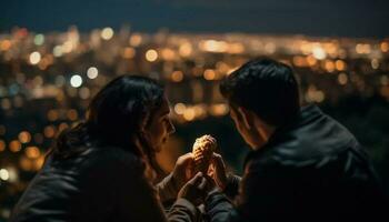 jong paar genieten van stad nachtleven, omarmen geluk gegenereerd door ai foto