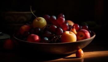 biologisch fruit schaal, een gezond fijnproever tussendoortje gegenereerd door ai foto