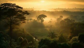 silhouet van boom Aan berg top Bij dageraad gegenereerd door ai foto