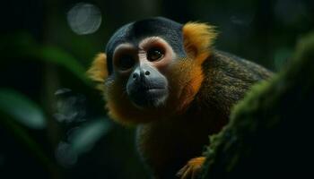 schattig primaat in tropisch Woud, staren Bij camera gegenereerd door ai foto