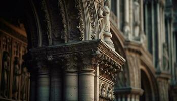gotisch basiliek facade, overladen beeldhouwwerk, romaans boog gegenereerd door ai foto