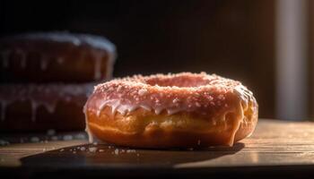 eigengemaakt donut stack Aan rustiek hout bord gegenereerd door ai foto