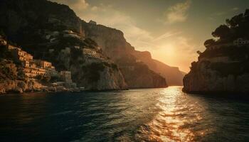 geel zonsondergang over- Santorini idyllisch wateren rand gegenereerd door ai foto