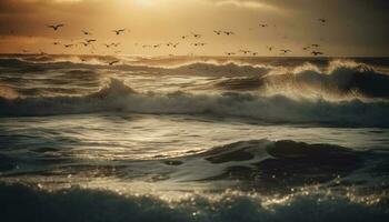 vliegend zeemeeuw breekt Golf in mooi zeegezicht gegenereerd door ai foto