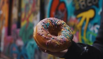 toegeeflijk donut met kleurrijk suikerglazuur en chocola gegenereerd door ai foto