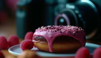 eigengemaakt donut met chocola suikerglazuur en framboos gegenereerd door ai foto