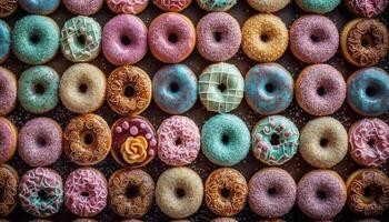 stack van kleurrijk donuts, een zoet verleiding gegenereerd door ai foto