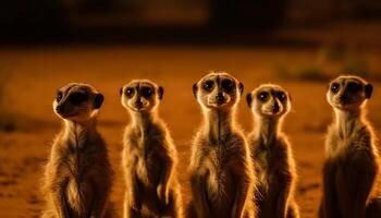 klein groep van stokstaartjes staand alarm in natuur gegenereerd door ai foto