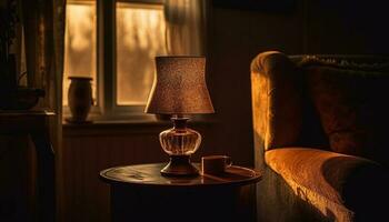 comfortabel sofa verlichte door modern elektrisch lamp gegenereerd door ai foto