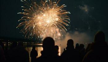 zomer nacht viering, vuurwerk Scherm exploderend blij gegenereerd door ai foto