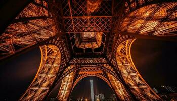 majestueus staal boog verlicht Frans hoofdstad Bij schemer gegenereerd door ai foto