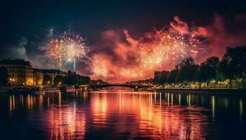 vierde van juli viering, vuurwerk exploderend helder gegenereerd door ai foto