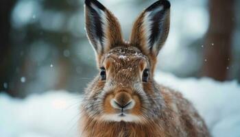 pluizig jong konijn zittend in de sneeuw generatief ai foto