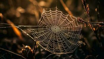 spookachtig spin web vangt dauw laten vallen schoonheid gegenereerd door ai foto