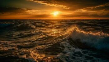 zonsondergang over- water, golven Botsing Aan zand generatief ai foto