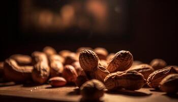 gezond noten in een notedop Aan hout tafel generatief ai foto