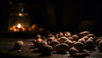 hazelnoot en chocola toetje Aan rustiek tafel generatief ai foto