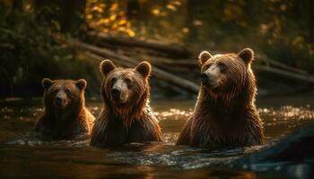 drie speels zoogdier vrienden zittend door water gegenereerd door ai foto