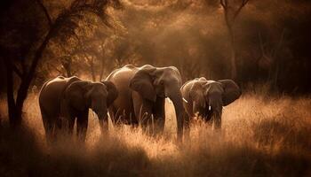 Afrikaanse olifant kudde begrazing in rustig savanne gegenereerd door ai foto