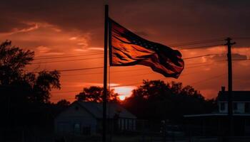 silhouet van vlag vliegend tegen levendig zonsondergang lucht gegenereerd door ai foto