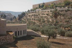 terrassen van de Kidron-vallei en de muur van de oude stad in Jeruzalem in Israël foto