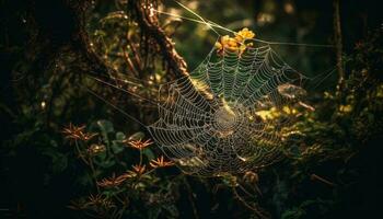 dauw druppels Aan spin web in Woud gegenereerd door ai foto