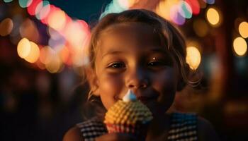 schattig kind lachend, genieten van Kerstmis lichten buitenshuis gegenereerd door ai foto