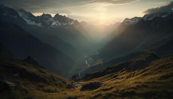 majestueus berg piek, rustig weide, panoramisch schoonheid gegenereerd door ai foto