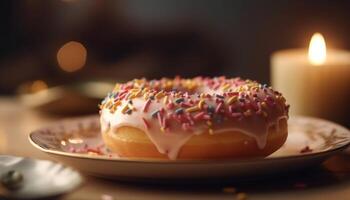 toegeeflijk toetje bord met donut en chocola gegenereerd door ai foto