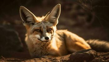 schattig rood vos op zoek Bij camera buitenshuis gegenereerd door ai foto
