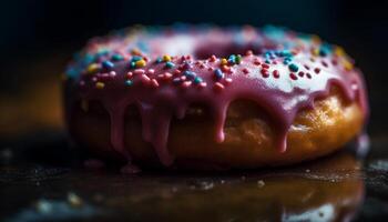 vers gebakken donut met kleurrijk snoep toppings gegenereerd door ai foto