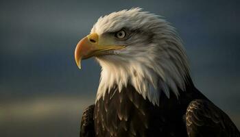 majestueus kaal adelaar neerstrijken, op zoek Bij camera gegenereerd door ai foto
