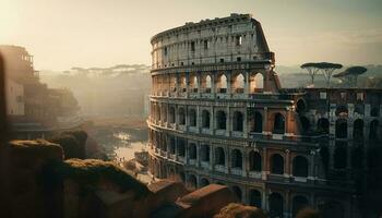 zonsondergang verlicht oude ruïnes in Italiaans stadsgezicht gegenereerd door ai foto