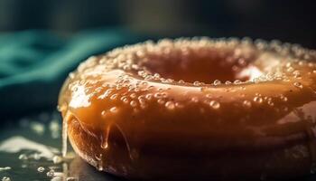 vers gebakken donut, chocola glazuur, ongezond toegeeflijkheid gegenereerd door ai foto