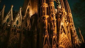 gotisch basiliek verlichte Bij nacht, een mijlpaal gegenereerd door ai foto