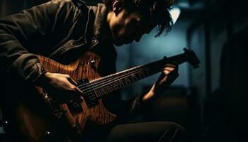 Kaukasisch gitarist spelen elektrisch gitaar Aan stadium gegenereerd door ai foto