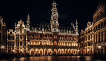 gotisch stad- hal verlichte door straat lichten gegenereerd door ai foto