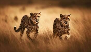 gevlekte Jachtluipaard wandelen in Afrikaanse wildernis Oppervlakte gegenereerd door ai foto