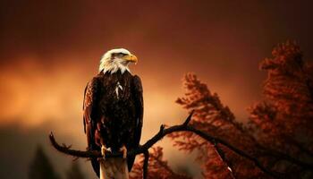 majestueus kaal adelaar neerstrijken Aan boom Afdeling gegenereerd door ai foto
