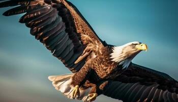 verspreiding Vleugels, majestueus kaal adelaar in vlucht gegenereerd door ai foto