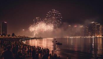 vuurwerk exploderend over- Vancouver stad horizon gegenereerd door ai foto