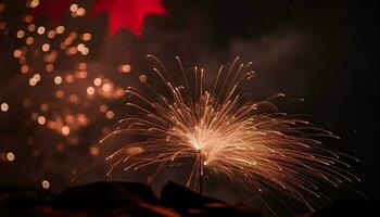 gloeiend vuurwerk exploderend in levendig kleuren Bij nacht gegenereerd door ai foto