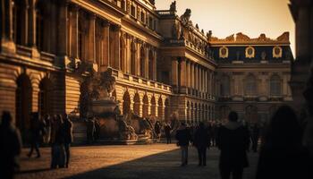 silhouet van majestueus standbeeld verlicht stadsgezicht Bij schemer gegenereerd door ai foto