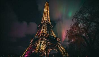 verlichte architectuur is majestueus Frans cultuur Bij nacht gegenereerd door ai foto