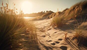 zonsondergang over- zand duinen, rustig schoonheid in natuur gegenereerd door ai foto