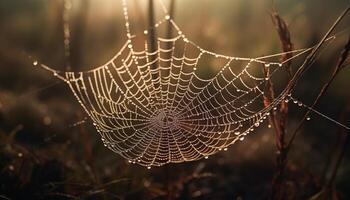 spin spins bedauwd web, vastleggen herfst insect gegenereerd door ai foto