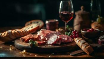 rustiek prosciutto bord, vers brood, Italiaans wijn gegenereerd door ai foto