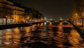 verlichte stadsgezicht weerspiegelt Aan water Bij schemer gegenereerd door ai foto