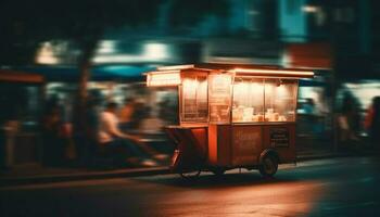 mannen aan het eten straat voedsel in verlichte stad gegenereerd door ai foto